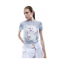 Koton Kısa Kollu Bisiklet Yaka Slim Fit Kedi Baskılı Crop Tişört Mavi 5sal10820ık Mavi