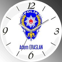 Kişiye Özel Polis Logolu Çap 30cm Sessiz Akar Bombeli Gerçek Cam Duvar Saati Çok Renkli