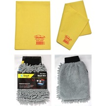 Polikur 3224 Mikrofiber Güderi Oto Kurulama Bezi & Spark 7050 Şönil Oto Temizlik Eldiveni 2'li Set