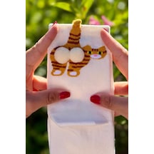 Lousocks Unisex Bej Yan Profil Tekir Kedi Desenli Ponpon Soket Çorap