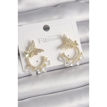 Pirinç Gold Renk Zirkon Taşlı Sallantı Detay Kelebek Model Kadın Küpe Çok Renkli