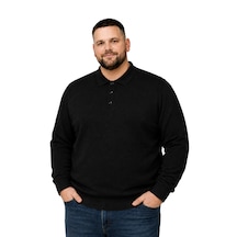 Battalmoda Erkek Büyük Beden Siyah Düğmeli Polo Yaka Triko Kazak 3xl-4xl-5xl-6xl