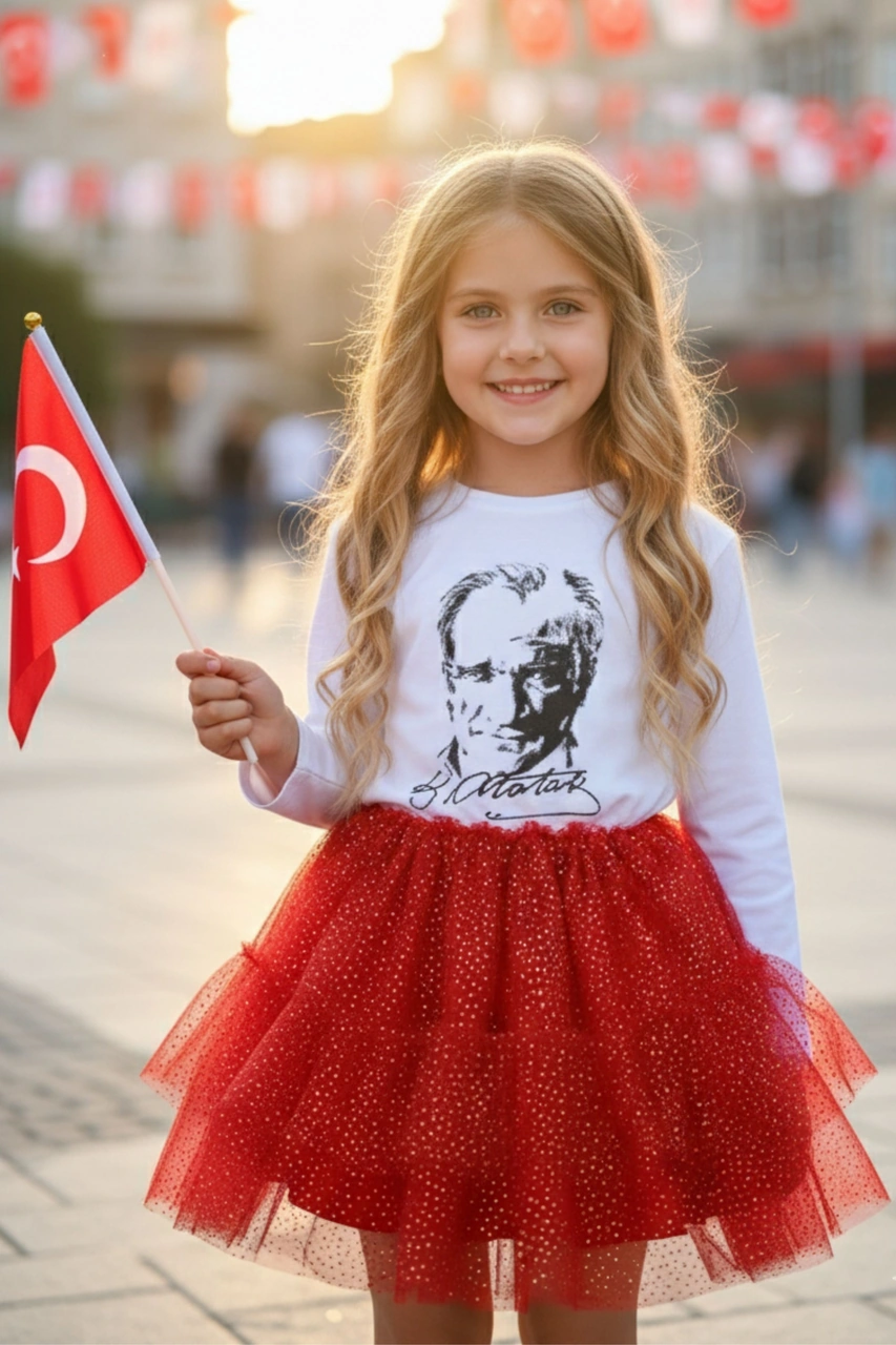 Kız Çocuk Simli Kırmızı Tütü Etek Milli Bayramlara Özel Yaldızlı Astarlı Tütü Kız Çocuk Etek Kırmızı