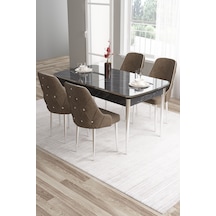 Canisa Tia Serisi 80x132 Açılabilir Mdf Siyah Mermer Desen Krom Detay Masa Takımı Ve 4 Kahverengi Sandalye Masa Siyah Mermer Desen Sandalye Kahve