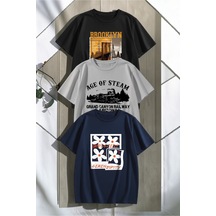 Uyguntarz Unisex Siyah Gri Lacivert 3'lü Tasarım Tshirt Seti Çok Renkli