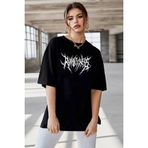 Kadın Baskılı T-shirt Kısa Kol Bisiklet Yaka Oversize Rahat Kalıp Günlük Tişört - Siyah Siyah