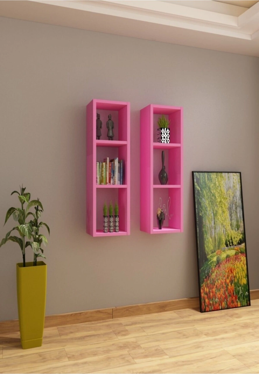 Duvar Rafı Kitaplık Pembe Takım Pembe