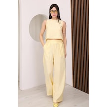 Famoda Sarı Sırtı Çapraz Bağcıklı Crop Bluz & Yüksek Bel Palazzo Pantolon Alt Üst Takım