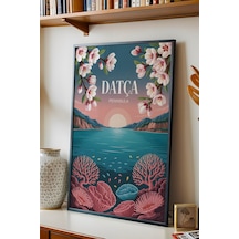 Datça Tablo - Retro Travel Poster - Muğla Şehir Serisi Duvar Dekoru - Çerçeveli Şehir İllüstrasyonu Siyah