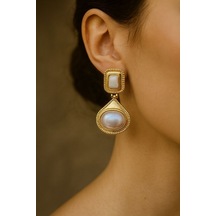 Vintage İncili Pirinç Kaplama Küpe Çok Renkli