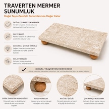 Traverten Mermer Sunumluk Ahşap Ayaklı Doğal Taş Sunum Tabağı Yağdanlık Altlığı Kahvaltılık Standı Dekoratif Tezgah Üstü Sunum Platformu 24x12 Cm Çok Renkli