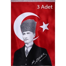 Türk Bayrağı 3 Adet Kalpaklı Atatürk Posterli Saten Türk Bayrağı K.atatürk İmzalı Türk Bayrağı 70x100