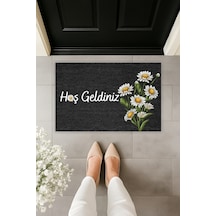 Rugmood Modern Dijital Baskı Papatya Çiçek Desenli Kapı Önü Paspası 70x45 Siyah