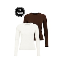 Rich Kadın Beyaz-kahverengi 2'li Paket Bisiklet Yaka Esnek Kumaşlı Vücuda Oturan Slim Fit Uzun Kollu Crop Body Beyaz - Kahverengi