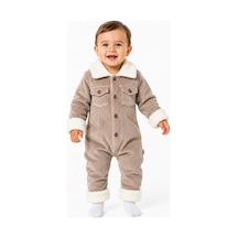 Chicsy Baby Tatlı Premium Çizgili Kadife İçi Peluşlu Welsoft Detaylı Düğmeli Cepli Erkek Bebek Tulum Bej
