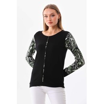 Sistas Kadın Kolları Desenli Uzun Kol Bluz 23320 Siyah