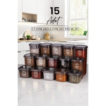 KitchenLife 15'li Etiketli Square Kare Erzak Saklama Kabı Seti X5 550ml-1200ml-1750ml Sert Kapaklı Kavanoz