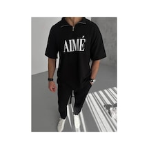 Erkek Tişört Yakalı Yarım Fermuarlı Kısa Kol Baskılı T-shirt - Siyah