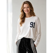 Nealirsanall.com Kadın "91" Baskılı Uzun Kollu İnce Sweatshirt / Body Ekru