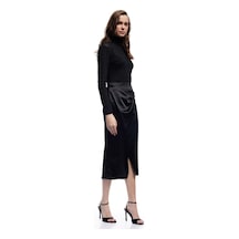 Koton Kruvaze Yırtmaç Detaylı Slim Fit Saten Midi Etek Siyah 6wak70001fw Siyah