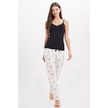 Tudors Kadın Regular Fit Klasik Kesim Viskon Beli Lastikli Fiyonk Detaylı Baskılı Beyaz Pijama Altı-51007
