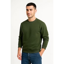 Barlashive Erkek 3 İplik Pamuklu Düz Bisiklet Yaka Sweatshirt - Haki Çok Renkli