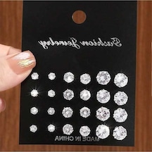 Flybuy 12'li Zirkonlu Gümüş Küpeler: Şık, Parlak, Çiftlere Özel, 4-6mm, 1.5cm Gümüş