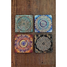 Doğal Taş Bardak Altlığı Uv Baskılı 4'lü Set - Mandala Yaşam Çiçeği Sri Yantra - Stone Coasters Çok Renkli