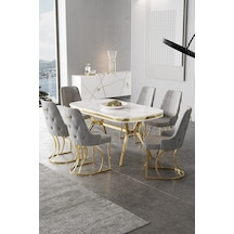 Canisa Epal Serisi 90x168 Lak Panel Beyaz Mermer Desen Masa Takımı Gold Ayaklı 6 Gri Sandalye Masa Beyaz Mermer Desen Sandalye Gri