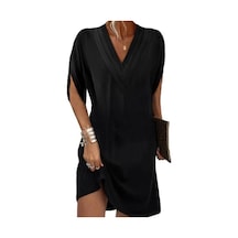 Kadın Elbise V Yaka Pilili Yarım Yarasa Kollu Düz Renk Gevşek Yumuşak Nefes İşe Gidip Diz Üstü Mini Elbise Siyah