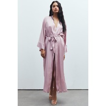Frappant Gül Kurusu Uzun Saten Sabahlık / Kimono Pembe