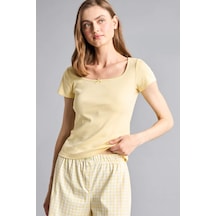 Defacto Regular Fıt Kısa Kollu 2li Kareli Şortlu Ribana Açık Sarı Pijama Takım G9860ax26smyl83 Sarı-yl83