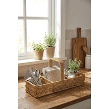 Buffer 3 Bölmeli Hasır Sepet Organizer Saplı, Mutfak Banyo Ofis Çok Amaçlı Düzenleyici, Plastik Rattan Kaşıklı Çok Renkli