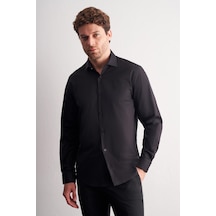 İmza Siyah Yarım İtalyan Yaka Uzun Kol Slim Fit Pamuklu Gömlek 1004255189 Siyah