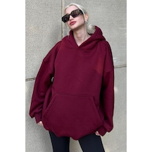 Madmext Bordo Kapüşonlu Şardonlu Oversize Sweatshirt Mg1566 Bordo