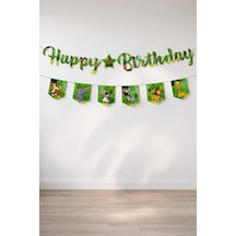 Safari Temalı Happy Birthday Banner Seti Doğum Günü Yazı Bannerı Ve 6 Lı Flama Süs Yeşil