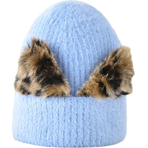 Alibee Yünlü Şapka Kore Leopar Kedi Kulak Şapka Kadın Streç Örgü Soğuk Şapka Sıcak - Mavi