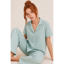 Norcia Sports Kare Desenli Bürümçük Kumaş Kısa Kollu Pijama Takımı 6065 Su Yeşili Çok Renkli - 929322856 Çok Renkli - 929322856 Çok Renkli