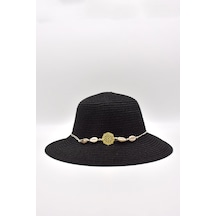 Kadın Deniz Kabuğu Detaylı Hasır Plaj Şapkası Siyah - Standart