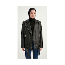 Meecy Kadın Oversize Biker Tesettür Deri Ceket Siyah Siyah