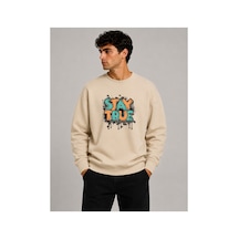 Herkesemoda Stay True Detaylı Bisiklet Yaka Şardonlu 2 İplik Sweatshirt Bej