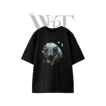 Thewert Wolf Moon Tasarım Baskılı Ünisex Siyah Oversize T-shirt