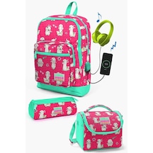 Coral High Kids Neon Mercan Su Yeşili Alpaka Desenli Usb'li 3 Lü Okul Çanta Seti Set0123268 Çok Renkli