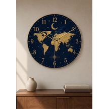 Dünya Haritası Desenli Dekoratif Baskılı Ahşap Duvar Saati 45 Cm Sessiz Akar Mekanizma 864 Çoklu Renkli