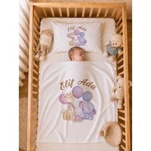 İsme Özel Kız Bebek Battaniye 80x80 Cm Ve Yastık Kılıfı 35x45 Cm %100 Pamuk Organik Baskılı Bebek Seti Bebek Hediyesi 2054yb Krem