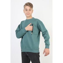 Bisiklet Yaka Cep Fermuar Detaylı Erkek Çocuk Sweatshirt-90856 Yeşil