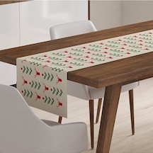 Krem Yılbaşı Temalı Dijital Baskılı Runner Yaprak Geyik Desenli Krem