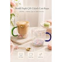 250 Ml Çift Cidarlı Cam Kupa Renkli Saplı İç Dekor Şeffaf Kahve Çay Latte Sunum Bardağı 1 Adet