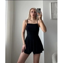Efnaz Style Straplez Mini Etek Görünümlü Şortlu Elbise Büzgülü Şık Yazlık - Siyah
