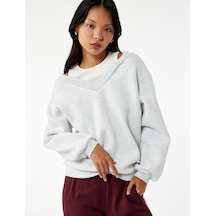 Koton Rahat Kesim Çift Yaka Şardonlu Uzun Kollu Sweatshirt Gri Melanj 6wal10136ık Gri Melanj